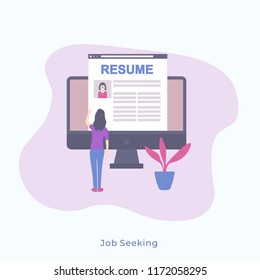 Illustration of a Simple Woman Standing Backwards and Looking at Monitor with Resume. Vector Female Character Business Concept for Web Banners. Job Seeking Concept