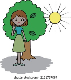 Illustration of a simple woman who surpasses the sunlight in the shade of a tree