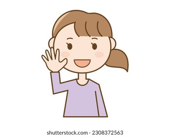 Illustration of a simple young woman raising her hand and greeting with a smile