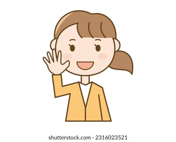 Illustration of a simple young woman who raises her hand and greets with a smile_wearing a cardigan