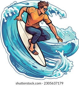 illustration simplify design man surfing sticker