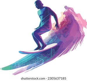 illustration simplify design man surfing sticker,neon color