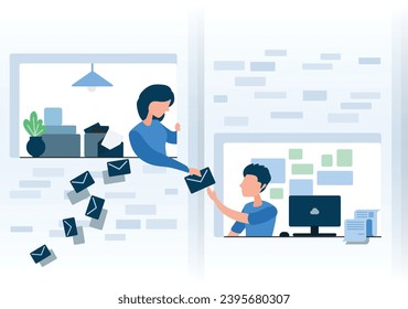 429 Fehler zu viele Anfragen Illustration Mann und Frau Austausch Mails im Gebäude. Diese Illustration eignet sich für Webseiten, Landing Page, mobile Applikation, Banner, etc.