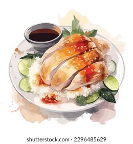 Illustration of singapore hainanese chicken rice in watercolor