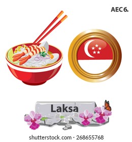 illustration. Singapore national dishes. Laksa on white background.