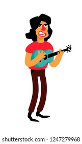Illustration of a singer with a guitar. Vector. Funny character. Cartoon man sings beautiful songs. Latin American music performer.