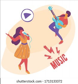 Illustration of a singer and guitarist who play and sing jazz, rock and roll or other driving music.