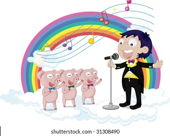 ilustración de niños y cerdos cantantes