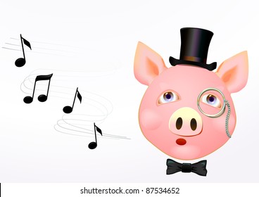 Illustration of singing PIG-gentleman in a HAT, a TIE-butterfly and MONOCLE. Whistle. Notes. Vector.