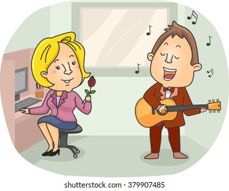 Illustration Of A Singing Telegram Employee Serenading An Office Girl