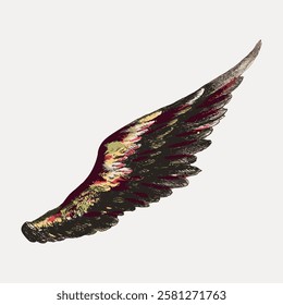 Illustration of a single bird wing, detailed and colorful. Bird wing design with intricate patterns. Artistic bird wing, vibrant and expressive. Vintage angel wing illustration isolated, vector.