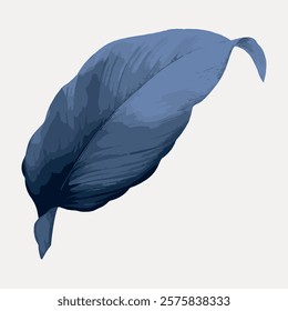 Illustration of a single blue leaf. The leaf is detailed, with shades of blue. Blue leaf art, blue leaf illustration.