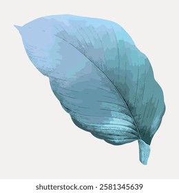 Illustration of a single blue leaf with textured details. The blue leaf is set against a light background, showcasing its intricate patterns and hues. Vintage botanical leaf illustration vector.