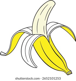 Uma ilustração de uma única banana amarela brilhante com sua casca puxada para trás, mostrando o interior suave e pálido. Essa imagem de uma fruta tropical saudável é isolada sobre um fundo branco, ideal para 