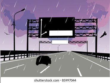 illustration with single car on rainy street