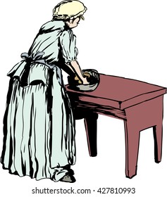 Illustration Of Single Caucasian Woman In 18th Century Clothing Kneading Dough On Table