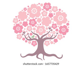 Illustration of a single cherry tree with blooming flowers and a small green bird.
It can be used as one point for various advertisements and cards.