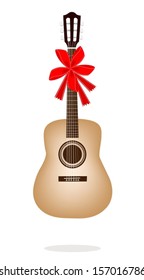 An Illustration of A Single Classical Guitar with Red Ribbon and Bow, A Perfect Gift or Present for Someone Special. 