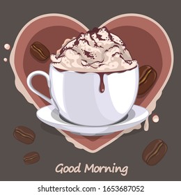 Illustration of single cup of cappuccino with red heart on dark background
