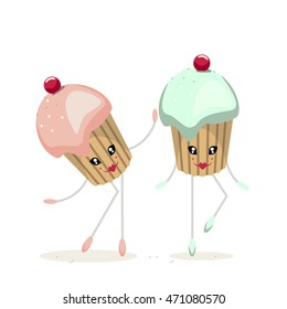 The illustration.The single cupcake with pink cream and the second cake with green cream stand as a ballerina. Their faces smile.