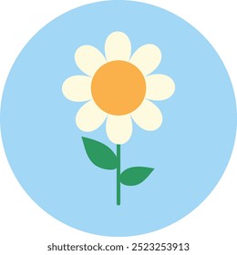 Illustration of a single daisy with yellow center and white petals on a blue background.