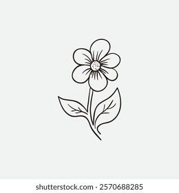 Illustration of a single flower with leaves in a black line drawing style, isolated on a plain white background, showcasing simplicity, elegance, and nature's beauty in a minimalistic representation.