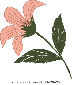 Illustration of a single flower in a minimalist style with pastel pink colors and dark green leaves. Perfect for greeting card designs, posters, or as a graphic element for creative projects