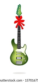 An Illustration of A Single Green Electric Guitar with Red Ribbon and Bow, A Perfect Gift or Present for Someone Special. 