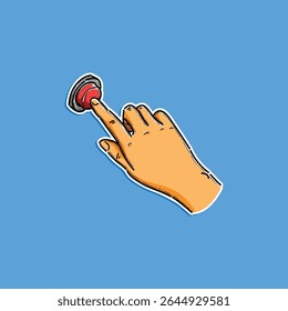 Illustration of a single hand pressing a highlighted red button. Depicts action, urgency, and decision making concepts, presented on a solid blue background to enhance the image's focus and clarity.