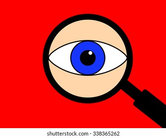 Illustration of a single human eye seen through a magnifying glass on a red background