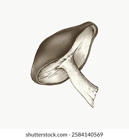 Illustration of a single mushroom. The mushroom is detailed, showcasing its cap and stem. Mushroom drawing in a simple, elegant style. Mushroom art piece. Vector isolated on white.