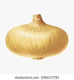 Illustration of a single onion with a textured, golden-brown skin. The onion is depicted in a realistic style, showcasing its round shape and layered appearance. Vintage vegetable illustration vector.