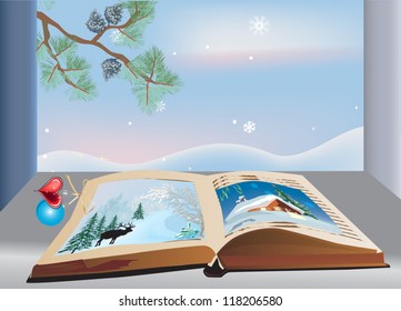 illustration with single open book near winter window