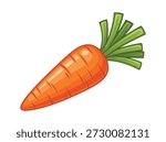 Illustration of a single orange carrot with green leaves on a white background