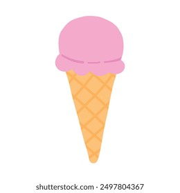 Illustration of a single pink ice cream scoop in a waffle cone. The ice cream cone is simple, with clean lines and a pastel color palette, representing a sweet summer treat.