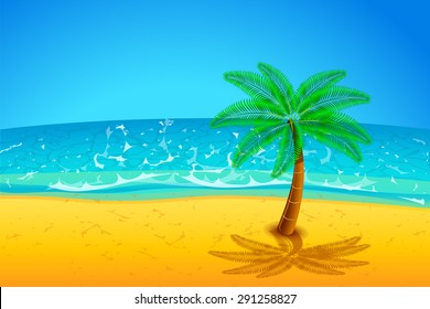 illustration of single plam tree on the beach with sea