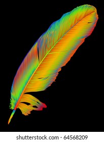 illustration with single rainbow feather isolated on black background