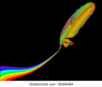 illustration with single rainbow feather isolated on black background