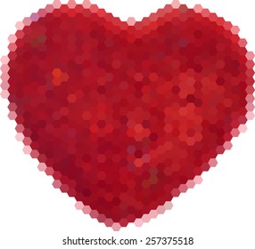illustration with single red heart from hexagons isolated on white background