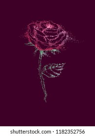 Illustration of a Single Red Rose with Green Leaf in Pointillism Style