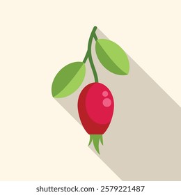 Illustration of a single rosehip hanging from a branch with green leaves, isolated on a light background
