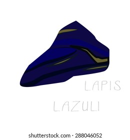 Illustration of a single stone lapis lazuli on white background with hand drawn letters.