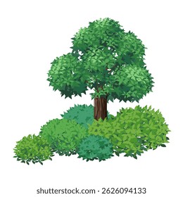 Illustration of a single tree and a bush