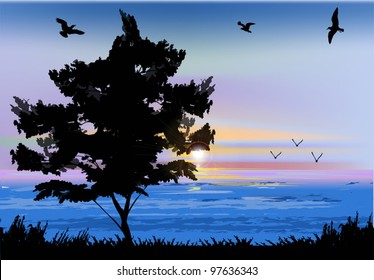 illustration with single tree near blue sea at sunset