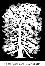 illustration with single white pine silhouette isolated on black bacgkround