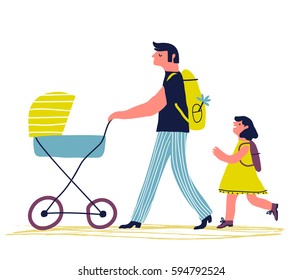 - Nasszelle eines jungen Vaters mit süßem Kind und Babywagen.  Vektorgrafik.