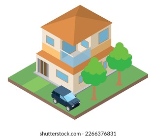 Illustration of a single-family house, my home, and a car Two-story building Isometrics three-dimensional illustration