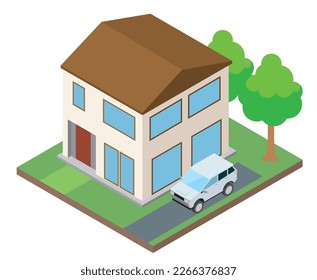 Illustration of a single-family house, my home, and a car Two-story building Isometrics three-dimensional illustration