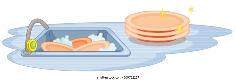 Illustration of a sink with many dishes