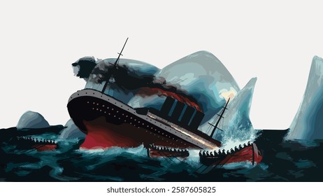 Illustration of a sinking ship hitting an iceberg. Lifeboats with passengers in the water. Dramatic scene of a shipwreck with iceberg and lifeboats. Vintage art illustration, vector.